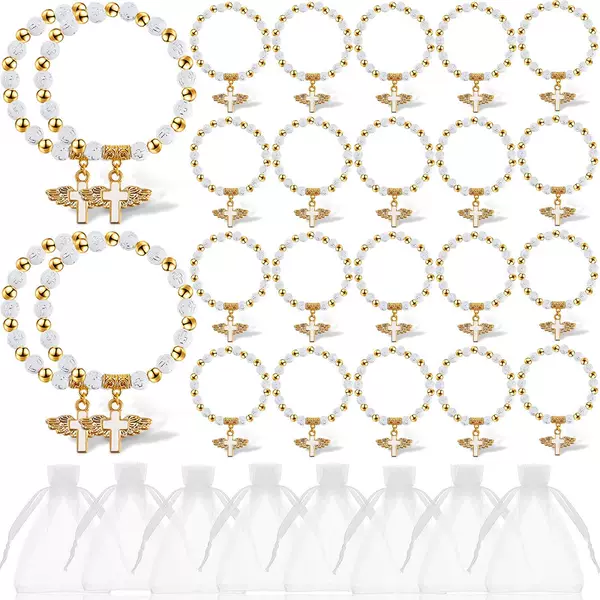 Cross-Border Best-Selling Angel Wings Rose Rosary Bracelet with Gauze Bag Thank You Card Baptism Party Women's Gift Set