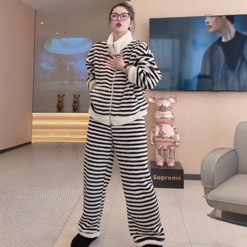 2025新款睡衣女冬季加绒加厚连帽条纹珊瑚绒家居服套装冬天可外穿|undefined