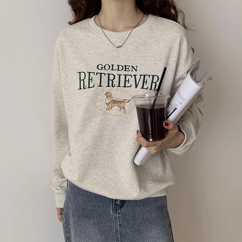 Hong Kong-style Early Autumn Round Neck Printed Sweatshirt Women's Lazy Loose Retro High-end Student Jacket Couple's Ins Trendy
