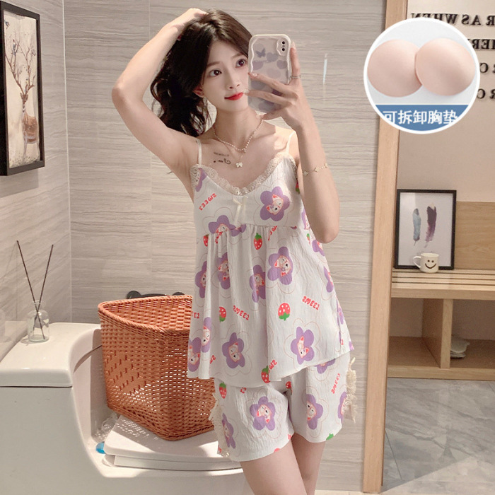 2024 verano nuevo pijama mujer tejido nubes de algodón cinturón cojín de pecho cabina niña dulce y fresco conjunto de ropa para el hogar