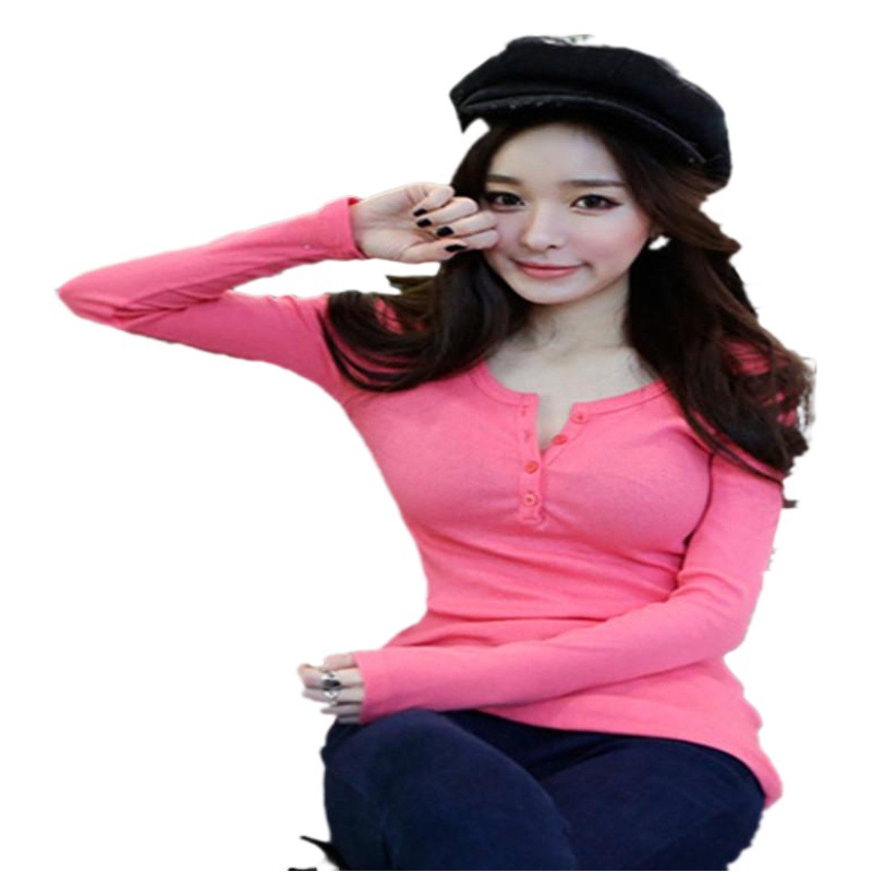 2025 秋ボタンスレッド無地長袖 Tシャツレディースフィット韓国新作トップスボトリングシャツアウタートレンディ