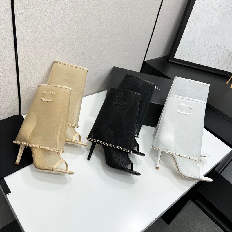 High-End 2026 Spring and Autumn New Style Chanel-Inspired Genuine Leather Mesh Chain Mid-Calf Boots for Women with Thin High Heels and Below-The-Knee Fashion Boots