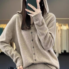 シームレス100純ウールカーディガン女性の薄い帽子付きセーターコートがゆったりしています。
