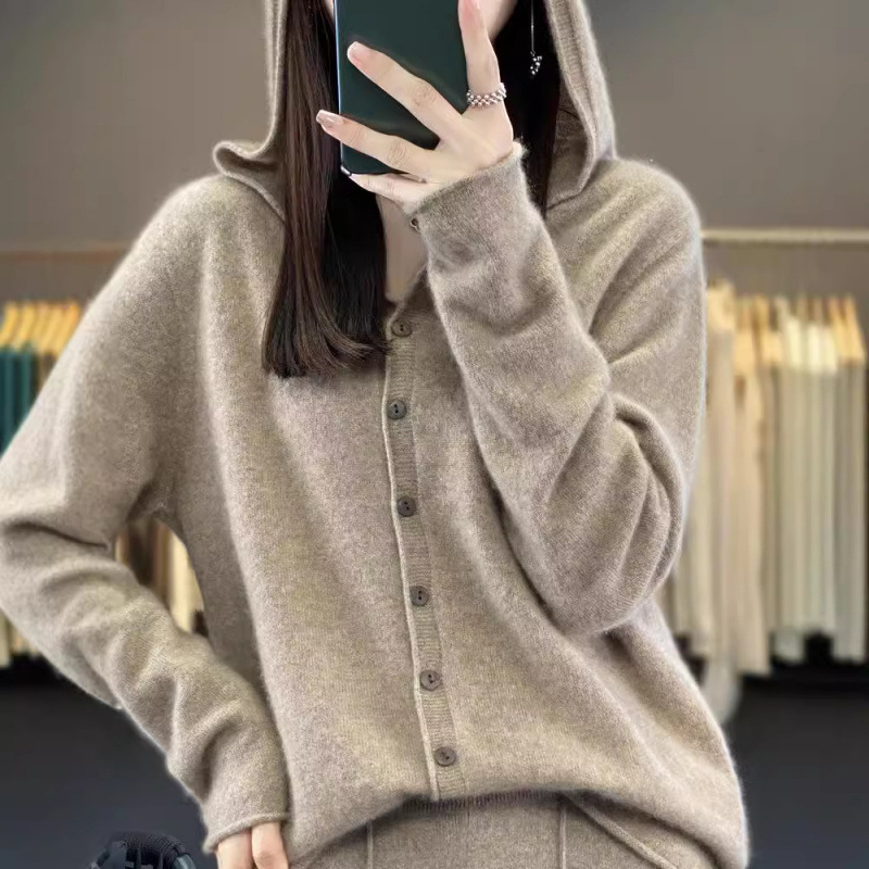 Seamless 100 Pure Wool Cardigan Women's Thin Hooded Sweater Jacket Loose Lazy Style Knitted Sweater Outer Top