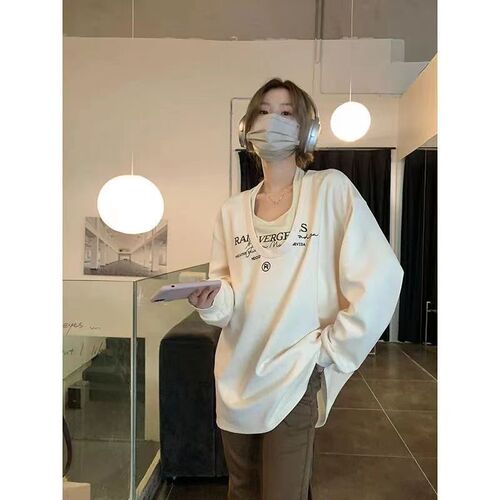 Layered design sweet and spicy set of medium-length hoodie for large size plus size mm autumn letter V-neck top two-piece set