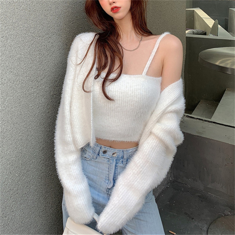 Sexy Cardigan 2023 Autumn/Winter New Product   Mink Wool Chest Wrapping Two Piece Set Korean Knitted Sweater for_voghion.com