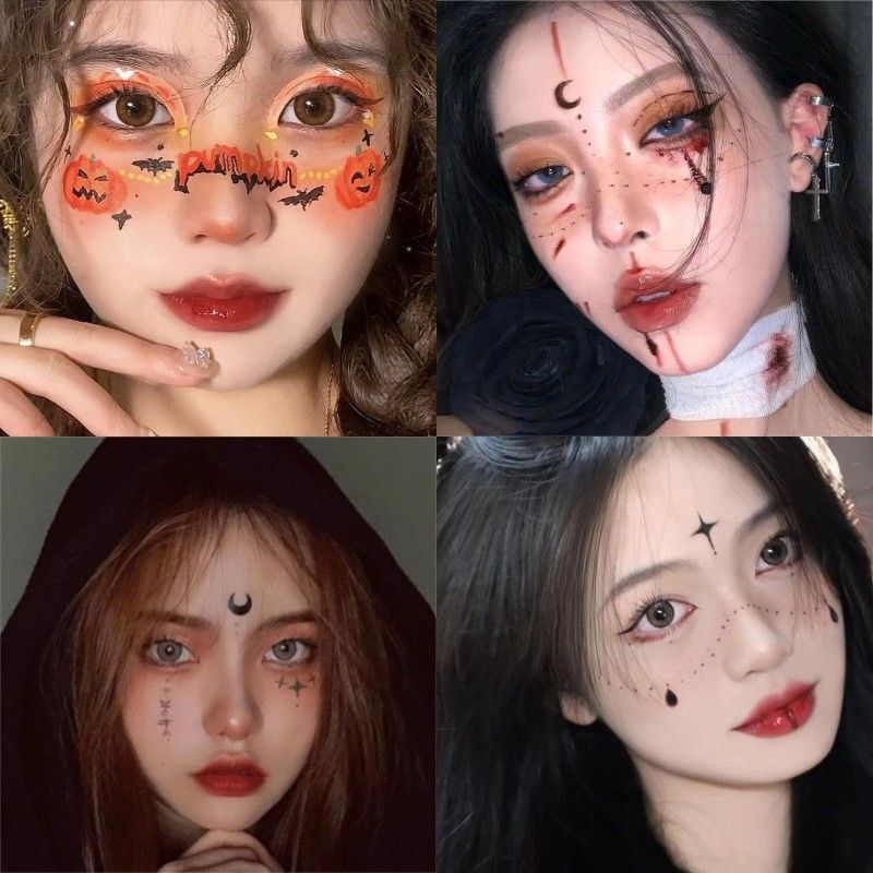 Halloween Tattoo Stickers for Kidsren with Cartoon Makeup on Their Faces, Cute Pumpkin Ghost Skulls, Waterproof and Long-Lasting Stickers