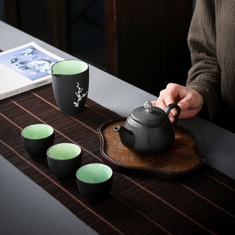 黑陶茶具套装家用功夫盖碗简约现代办公室整套复古瓷器日式装