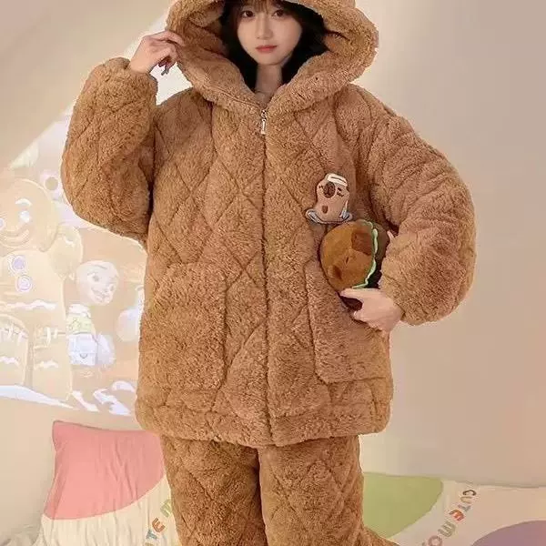 卡皮巴拉睡衣秋冬季加厚加绒冬季女士法兰绒可爱家居服套装爆款