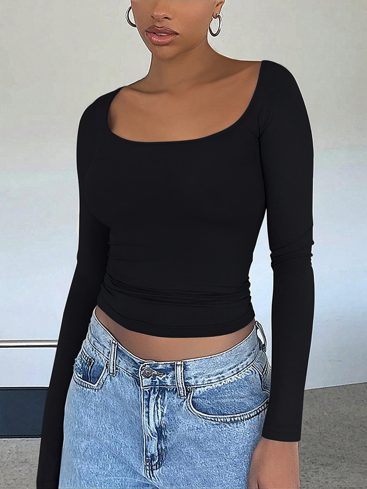 Cross-border Hot-selling Items In Stock: Autumn And Winter Women's Tops, Y2K Sexy U-neck BM Solid Color_ecoleips.com