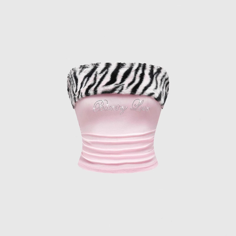 European and American Cross-border Sweet and Hot Design Sense Slim-fit Tight-fitting Plush Leopard-print Stitching Navel Hot Girls Women's Strapless Vest