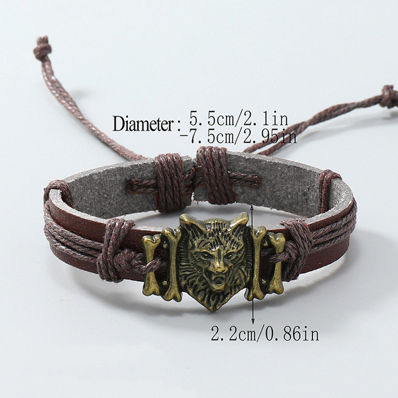 Cross-border Temu Hot Retro Jewelry Bracelet Cowhide Handmade Woven Bronze Metal Wolf Head Bracelet All-match Personality