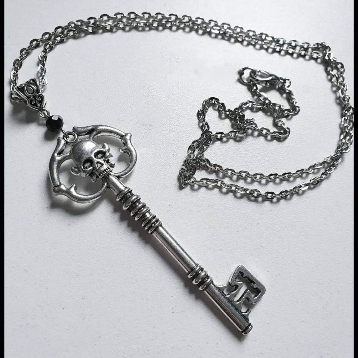 Key pendant necklace, antique silver with crystal accent, gothic style, alloy, 8.8×6.8×1 cm