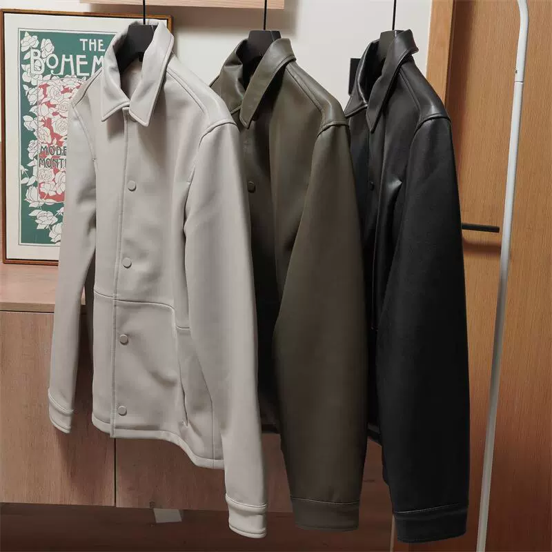 Мужская однобортная куртка из искусственной кожи цвета слоновой кости, черного цвета и цвета милитари, простое пальто в стиле рабочей одежды.