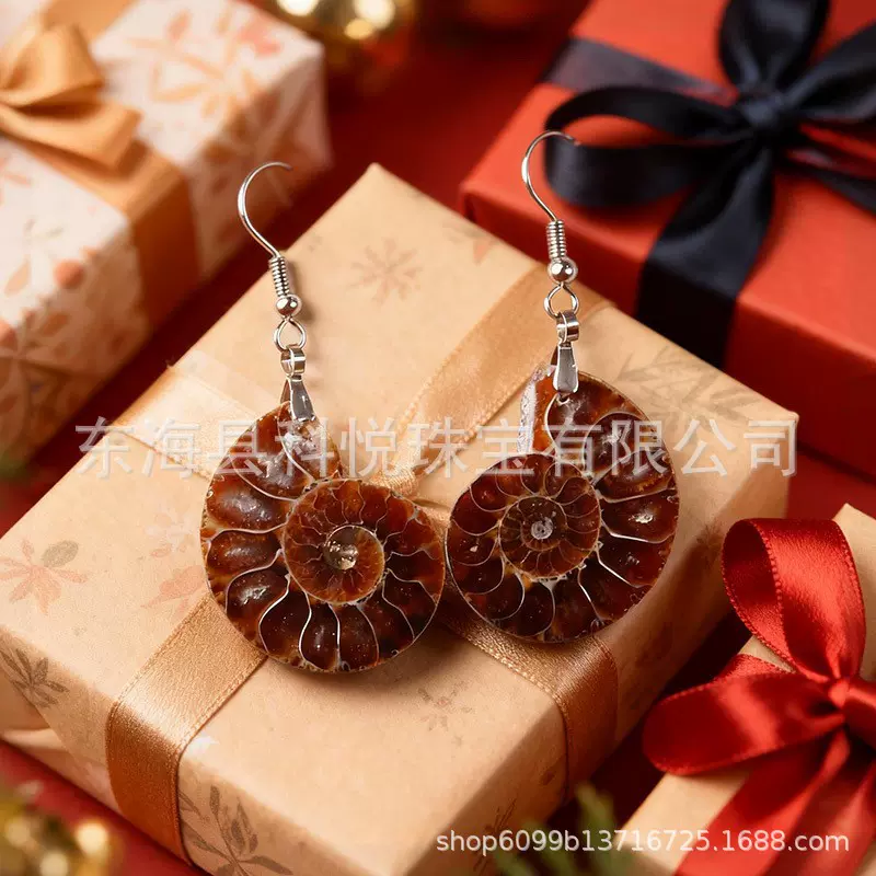 跨境批发天然海螺耳饰切片螺化石耳坠饰合金银水晶工艺品饰品