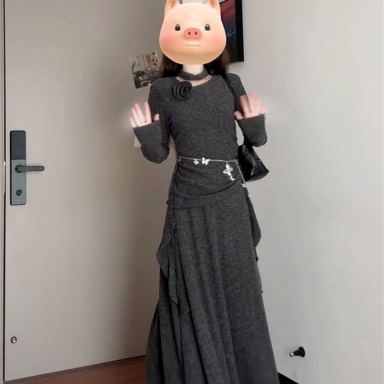 两件套法式灰色针织连衣裙子女秋冬季2025新款小个子穿搭一整套装|undefined