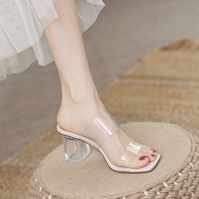 Sandals for Women Summer Flat Wholesale New Soft Leather Fashion Crystal Transparent High Heels Women's Sandals and Slippers High-End