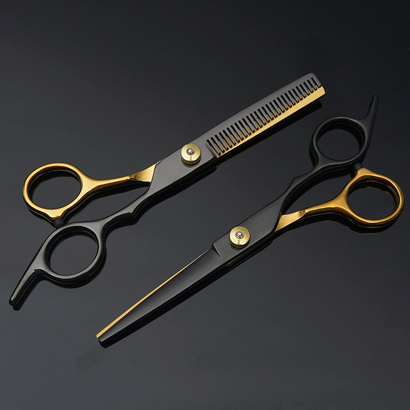 Forbici✂Forbici da parrucchiere a denti piatti in acciaio inossidabile nero e oro, set professionale per il taglio dei capelli_voghion.com
