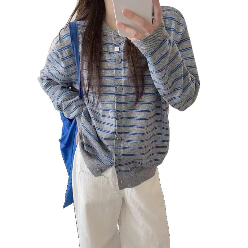 复古撞色条纹开衫外搭毛衣女秋季2025新款慵懒风韩系针织上衣外套|undefined