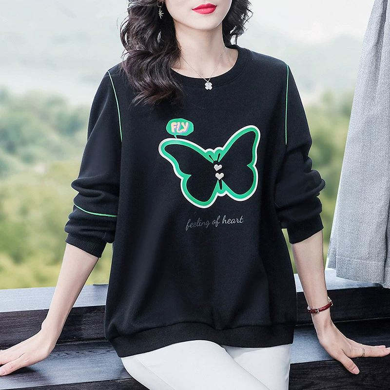 Одежда больших размеров для полных женщин среднего и пожилого возраста 2023 весна и осень с круглым вырезом и длинными рукавами пригородная верхняя одежда хлопковый свитер с принтом