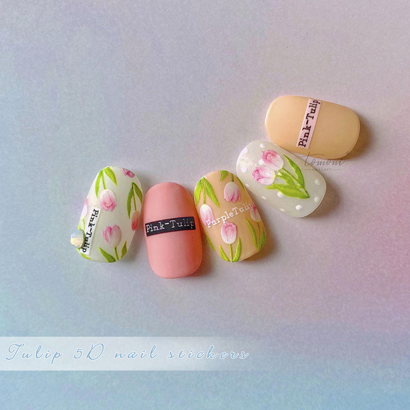 Pegatinas de flores de uñas de estilo japonés Tulipán alivio tridimensional hielo floreciente transparente blanco Delgado resistente calcomanías de uñas 3D de primavera y verano