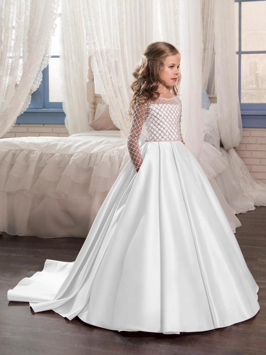 Comercio exterior transfronterizo nueva ropa para niños vestido para niños niñas encaje satén arco pequeño vestido de princesa de niña de flores