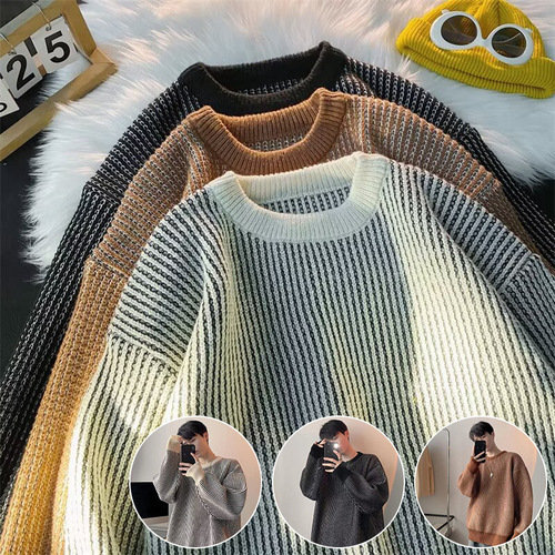 Men's Couple Casual Knitwear Sweater with Small Stripes, Autumn and Winter, Personalized, Versatile, Fashion, Contrast Color Base Layer Sweatshirt