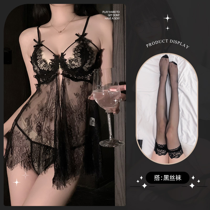 See-through 푸시 업 나이트 드레스 블랙 + t 바지 + 스타킹
