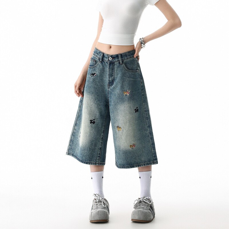 American-Style Embroidered Wide-Leg Cropped Jeans for Women, Summer New Low-Waist Loose Straight-Leg Petite Mid-Length Thin Pants