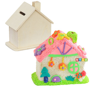DIY Wooden White Piggy Bank Pearl Snowflake Mud Clay Piggy Bank Kidsren's Handmade Wooden House
