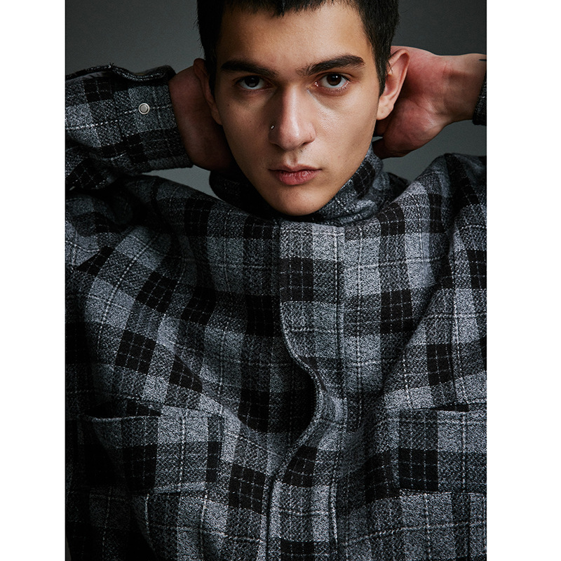 Men's Clothing Retro Stand Collar Plaid Woolen Coat Vintage Design Cotton Coat_voghion.com