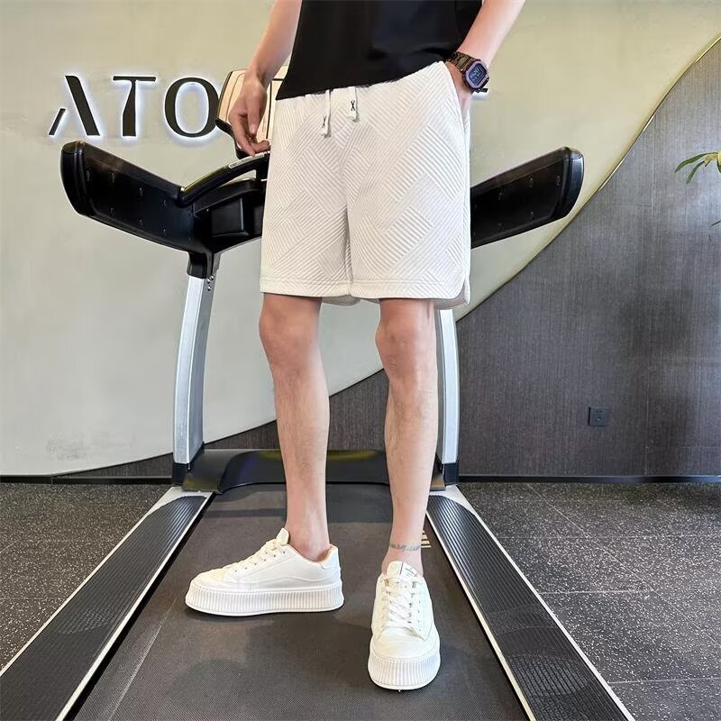 Designed with a Diamond-Shaped Pattern, White Shorts for Men, Trendy Brand, Stylish Five-Point Shorts for Men, Summer Outerwear Shorts