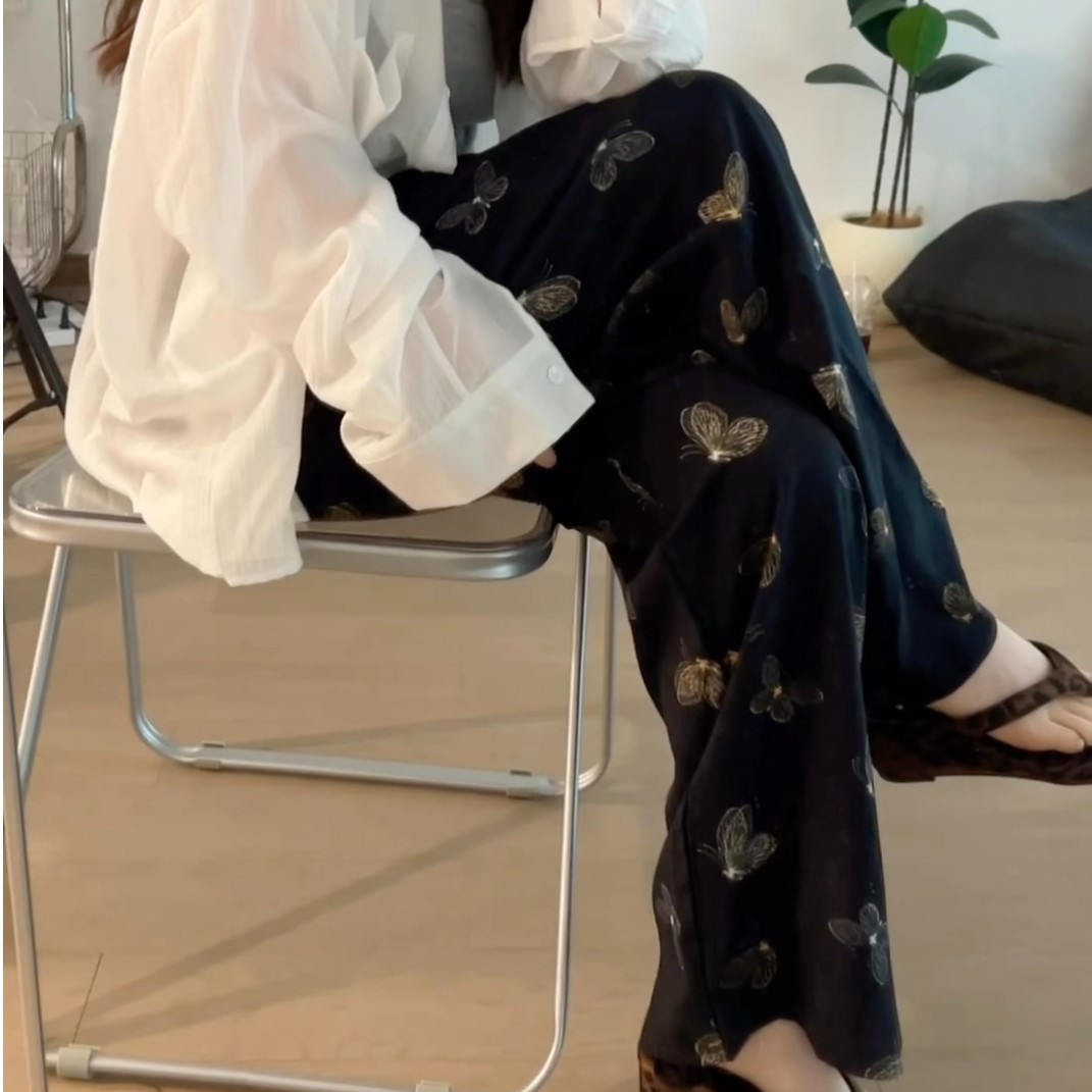 [Bolsillos dobles] pijamas de seda de algodón pantalones anchos sueltos de verano para mujer pantalones de nueve puntos pantalones de algodón artificial para el hogar para mujer