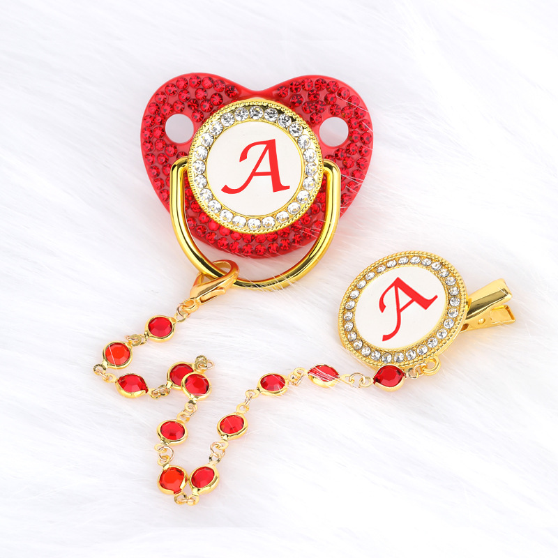Cross-border Hot-selling Red with Diamond Letters Baby Pacifier Point Drill Baby Soothing Play Mouth with Glass Bead Chain