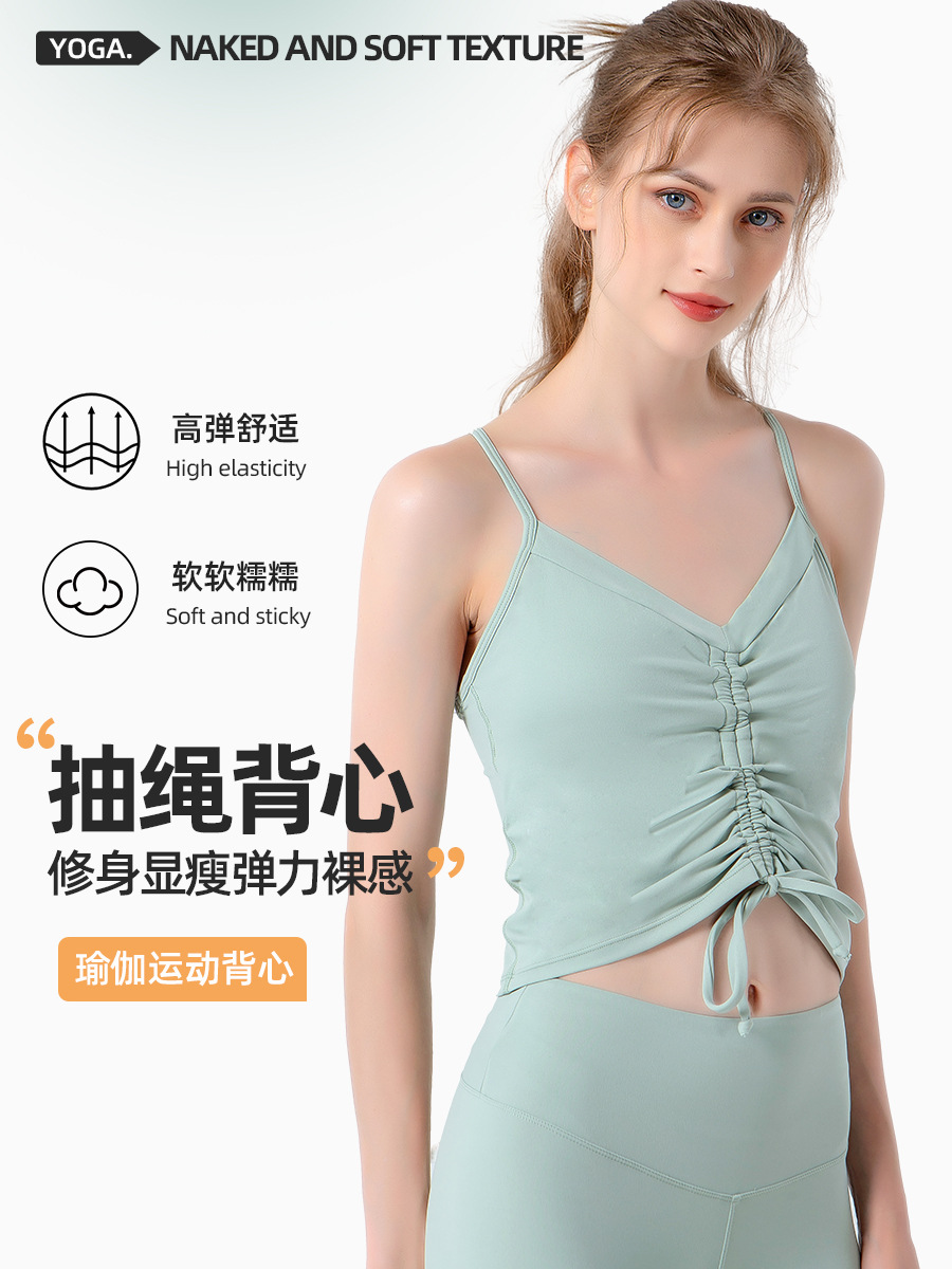 Nuevo top de yoga con tirantes y lazo para otoño e invierno, top de yoga ajustado y adelgazante con almohadillas en el pecho, camisola deportiva