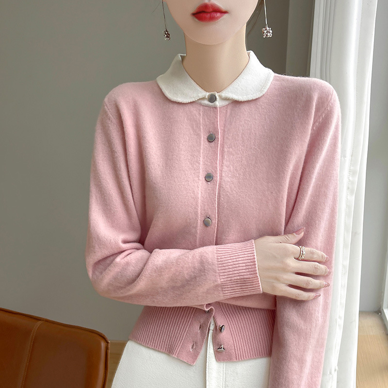 Autumn and Winter 2024 New Pure Wool Apple Collar Knitted Cardigan Color-matching Thickened Comfortable Warm Jacket for Women