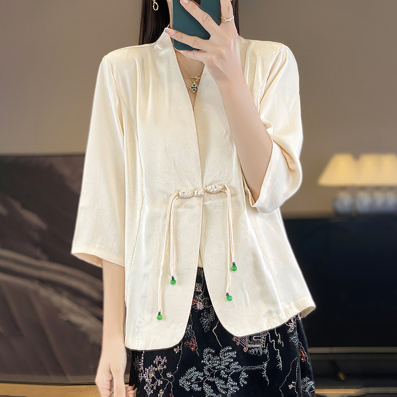 New Chinese Style National Style Solid Color Top Women's Summer Satin Tassel Buckle Long Sleeve Half-high Collar Cardigan Cross-section Suit