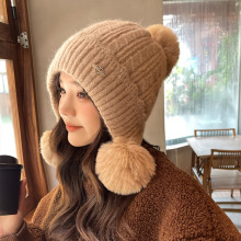 新款女士针织秋冬季户外加绒保暖骑行毛线帽可爱毛球套头帽子批发