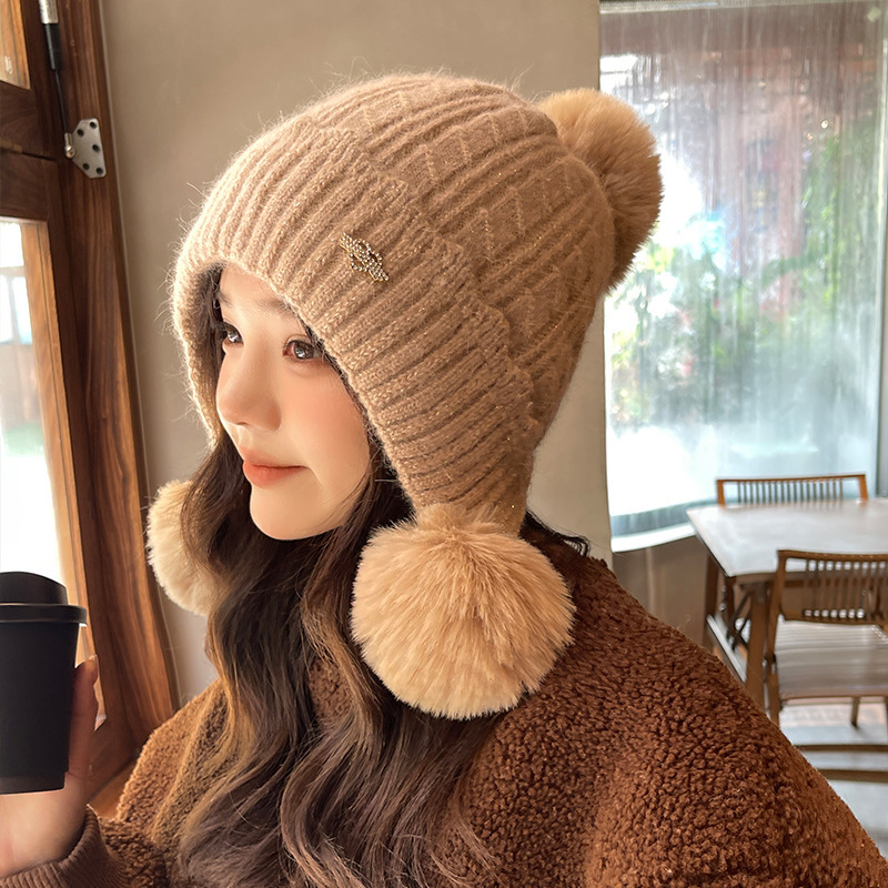 新款女士针织秋冬季户外加绒保暖骑行毛线帽可爱毛球套头帽子批发