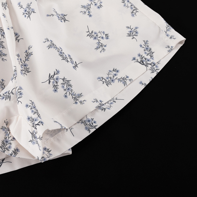 French Classic Skirt Puff Sleeve Small Turtleneck Ruffled Puffy Shirt Printed Shorts Suit