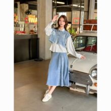 牛仔汉元素套装女秋冬新中式国风盘扣牛仔马甲衬衫半身长裙三件套