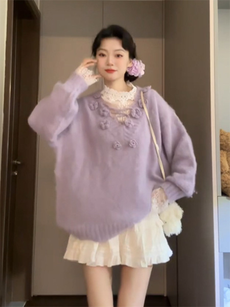 秋冬季女装韩里韩气miu系穿搭小香学院风2025年V领毛衣立体花朵|undefined