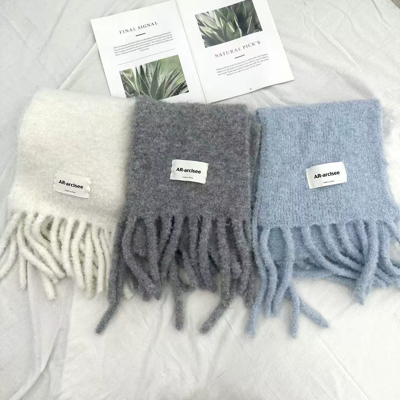 Woolen keep warm demi-season scarf with tassels, colored knitted cloak, increased thickness