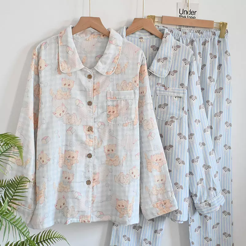 纯棉睡衣女士绉布春秋款开衫娃娃领长袖休闲舒适棉质家居服套装