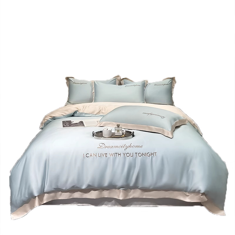 Juego de cuatro piezas de seda de hielo de alta calidad, cama de seda de lujo ligera, funda de edredón para dormir desnuda, sábana de tres piezas de primavera y verano