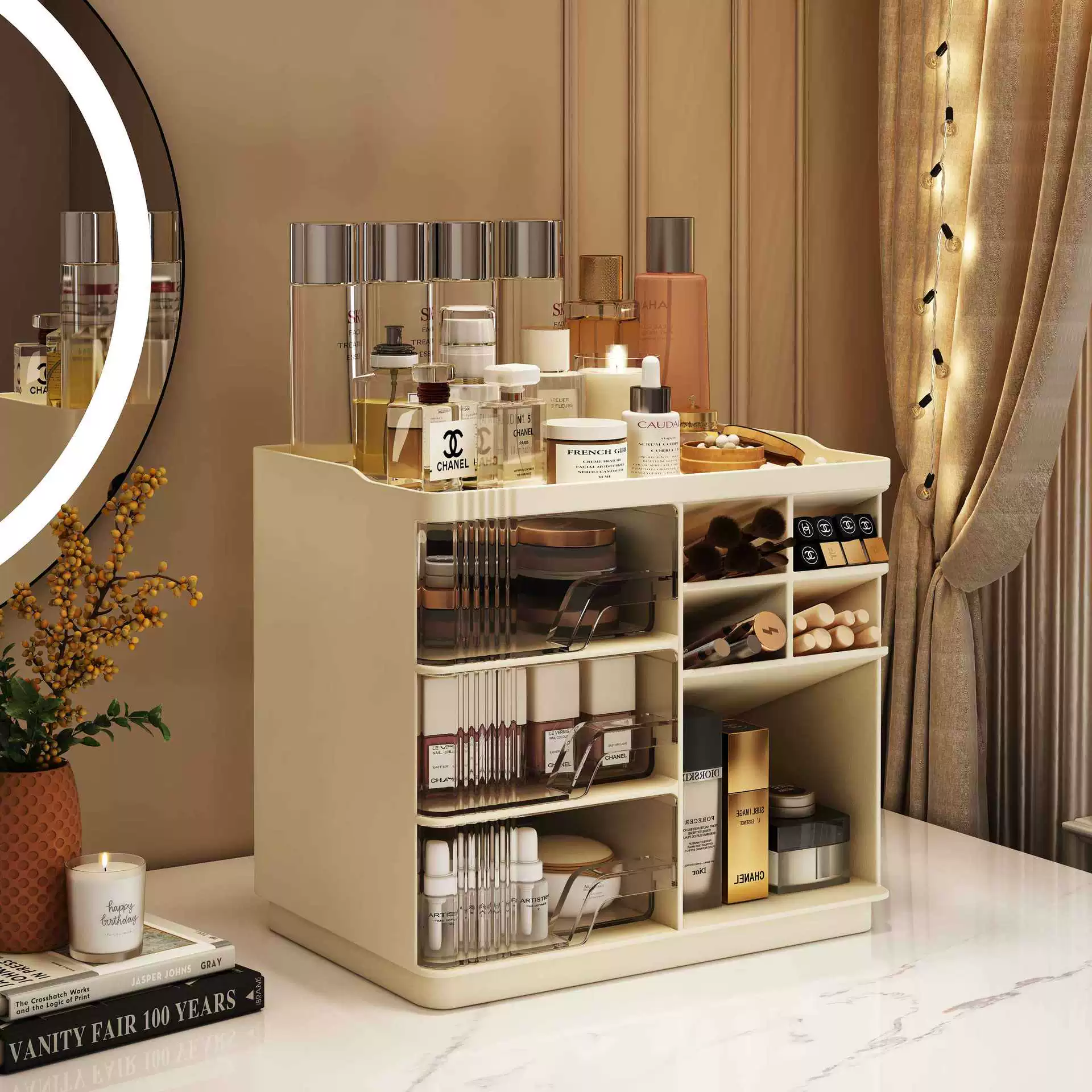 Косметическая коробка для хранения Настольный ящик с выдвижным ящиком губная помада маска для отделки полка пыленепроницаемый туалетный столик держатель для ухода за кожей