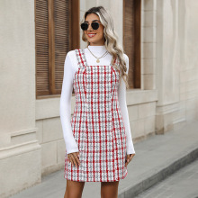 亚马逊跨境外贸2025秋季新款格子小香风毛呢连衣裙显瘦背带短裙女