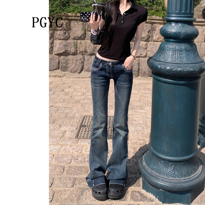 Yimengling Same Style Dark Blue Ultra-Low-Waist American-Style Flared Jeans for Women 2025 New Model Micro-Flare Pants