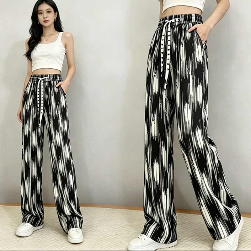 Extended Length Tie-Dye Ice Silk Wide-Leg Pants for Women, Thin Summer High-Waisted Casual Loose Slimming Straight-Leg Floor-Length Pants