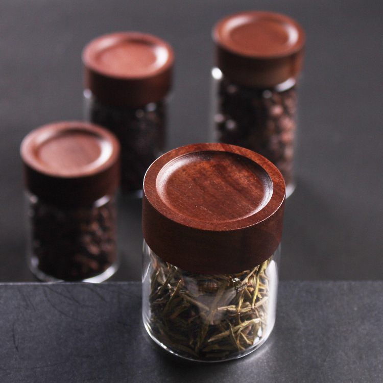 跨境供货120ml相思木盖玻璃瓶茶叶分装小罐子盖可雕刻logo